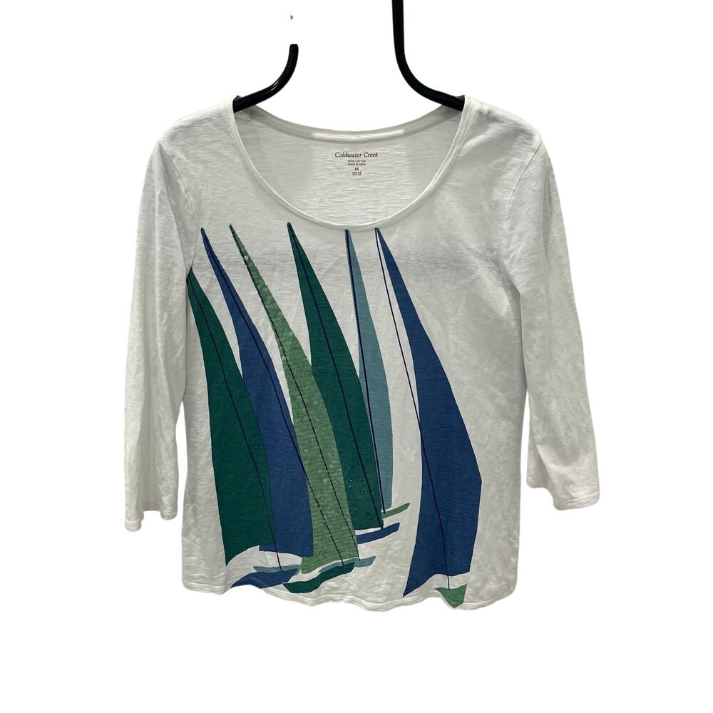 Coldwater Creek Women's White Cotton Sailboat Graphic 3/4 Sleeve Top Size M